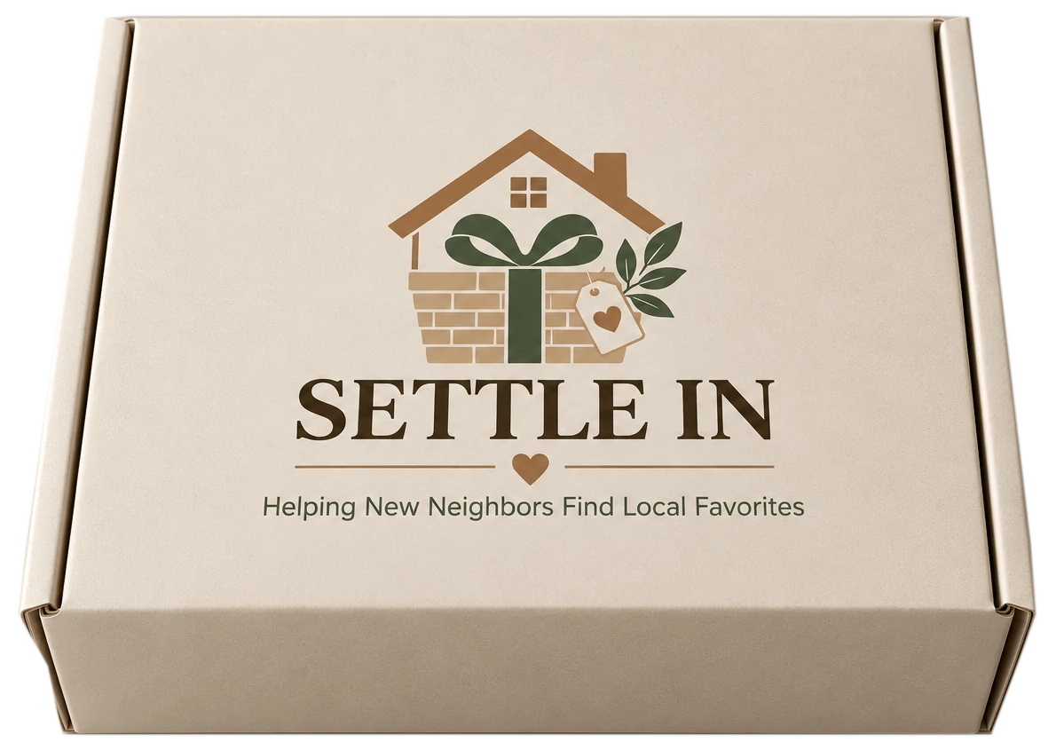 The Settle In welcome box: a kraft-cream mailer with the full-color Settle In logo printed on its lid.