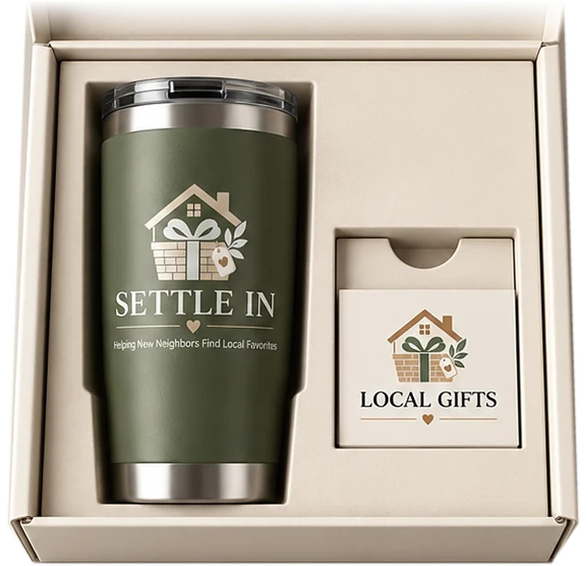 The welcome box opened, seen from above: a dark olive Settle In tumbler rests in the left well of a cream insert, beside a card sleeve printed LOCAL GIFTS.